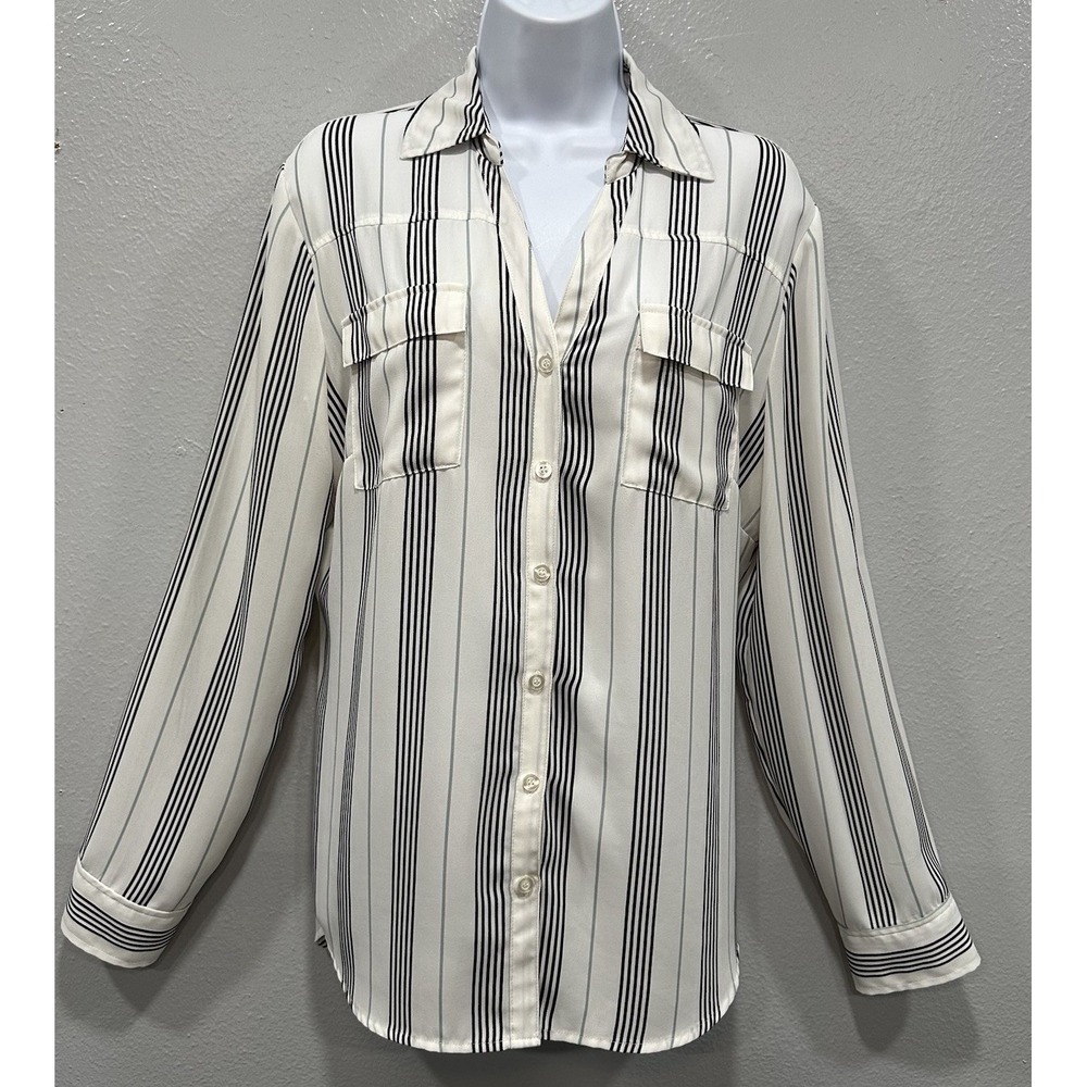 New York & Company  Button Front Blouse Womens Large White W/Stripes Long Sleeve